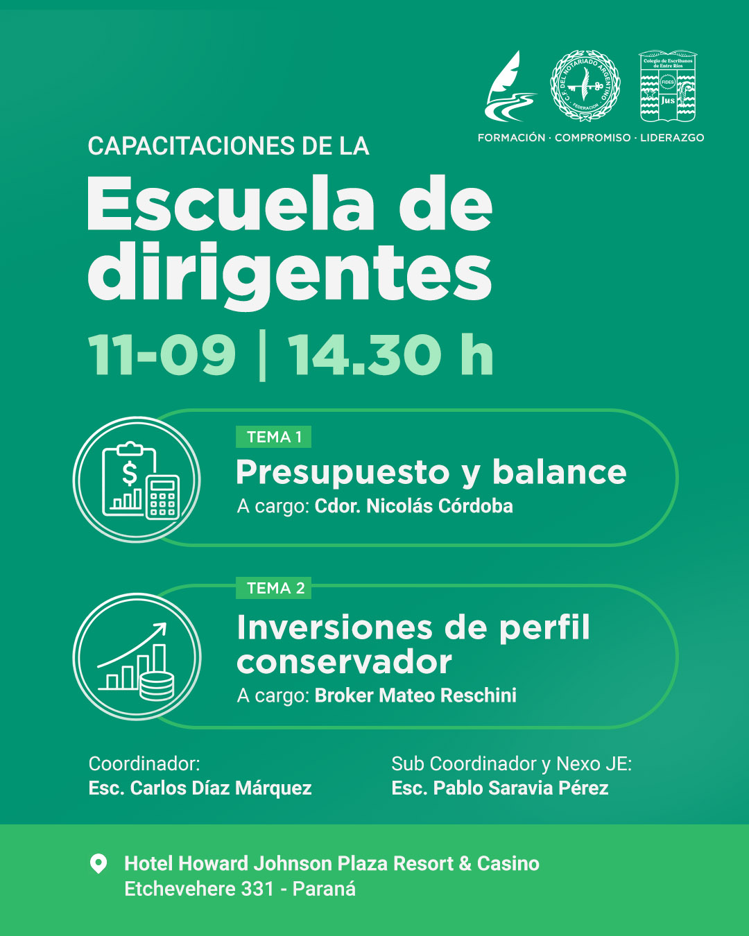 Capacitaciones de la Escuela de Dirigentes: Presupuesto y balance e Inversiones de perfil conservador, viernes 11 de septiembre a las 14:30